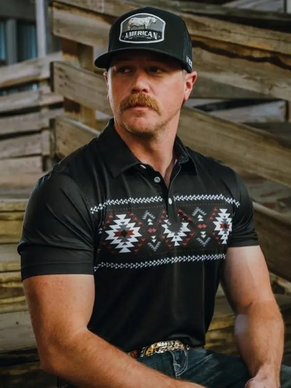 Black Aztec Polo Shirt for Men, Western Cowboy Golf Shirt, Southwestern Patterned Chest Print Polo, Native American Style Top, Gift for Cowboy Husband Dad, Country Rodeo Casual Wear, Black Vintage Geometric Polo, Father Day Gift, Mens Outdoor Clothing