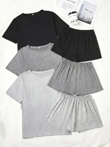 Women's Three-Piece Solid Color Short Sleeve Shorts Sleepwear Pajama Set, Casual Pajama Sets, Comfortable Casual Loungewear, Homewear, Pajamas Loungewear, Perfect for Home Relaxation