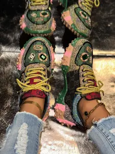 Rhinestone Dad Shoes, Vintage Distressed Colorblock Design, Thick Sole Height Increasing Streetwear Women's Casual Shoes