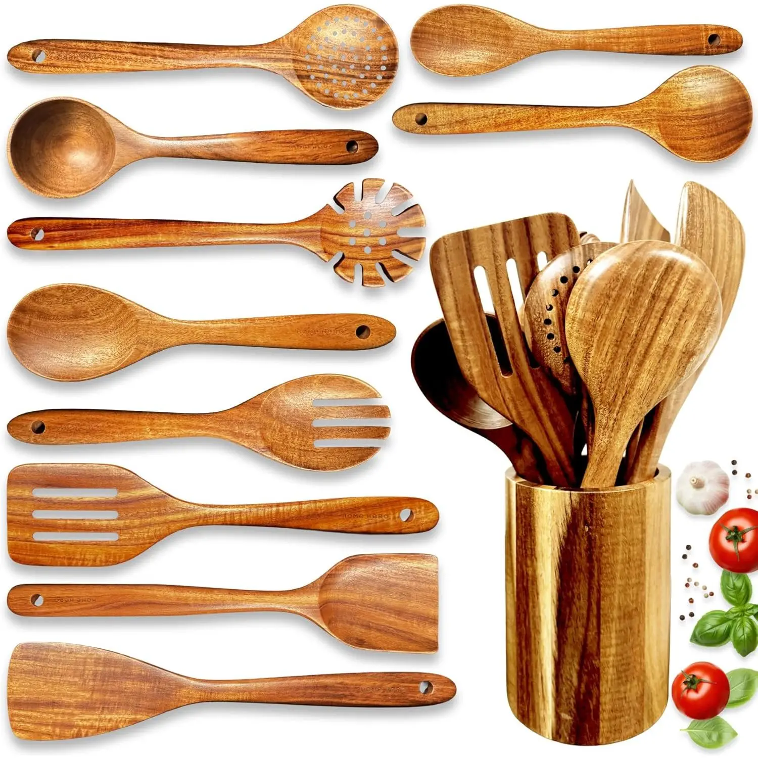Wooden Utensil Set 11 Pcs – Natural Teak Wooden Kitchen Utensils Set with Sturdy, Easy-to-Clean Wooden Spoons for Cooking – Non-Scratch Teak Cooking Utensils (11 pcs)