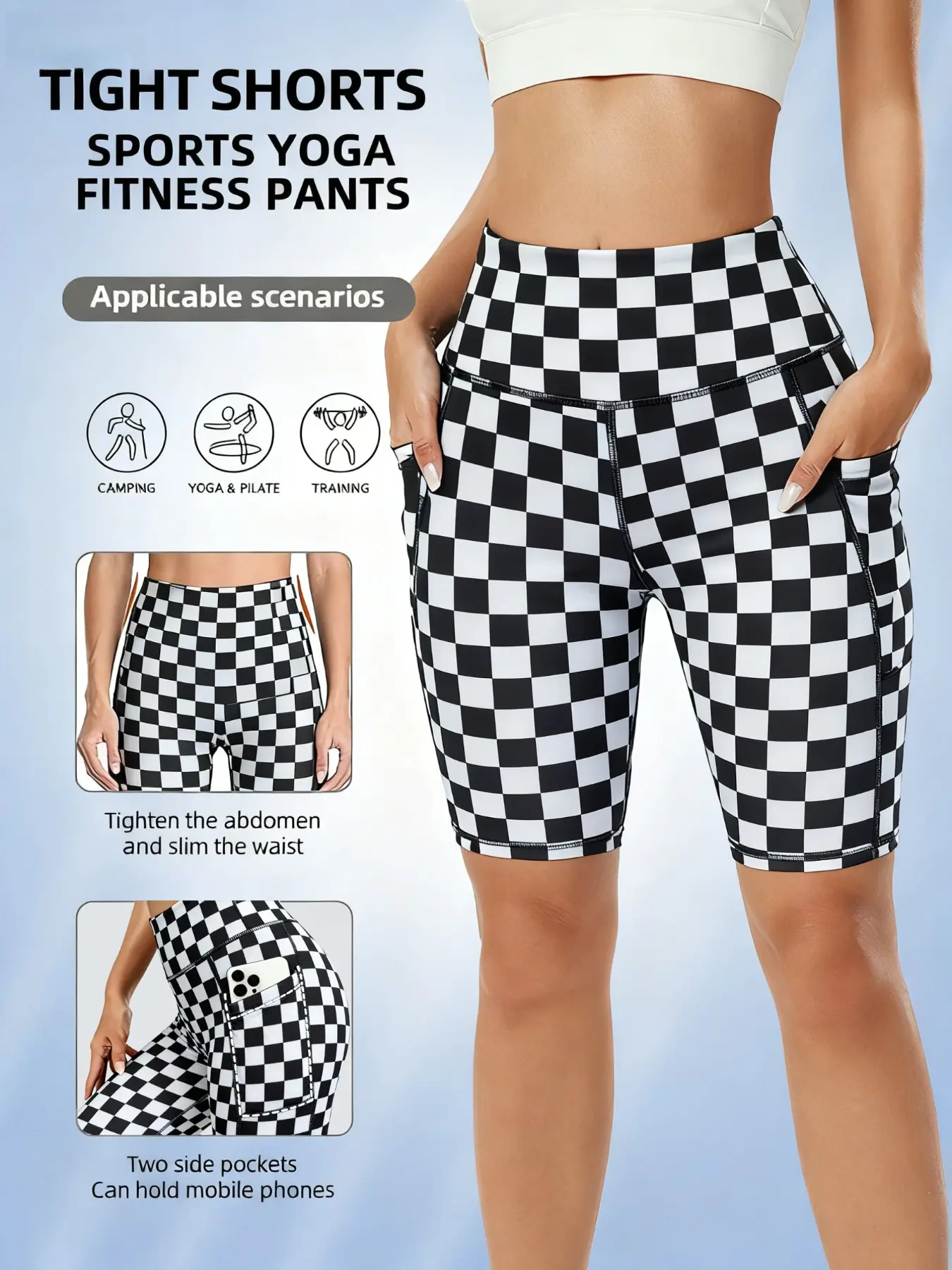 Women's Plaid Print Tight-Fitting Gym Shorts, Two Pockets, Casual Summer Wear, Comfortable and Stylish Women's Plaid Print Tight-Fitting Gym Shorts, Two Pockets, Casual Summer Wear, Comfortable and Stylish
