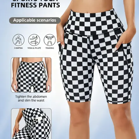 Women's Plaid Print Tight-Fitting, Two Pockets, Casual Summer Wear, Comfortable and Stylish, Stretchy Shorts