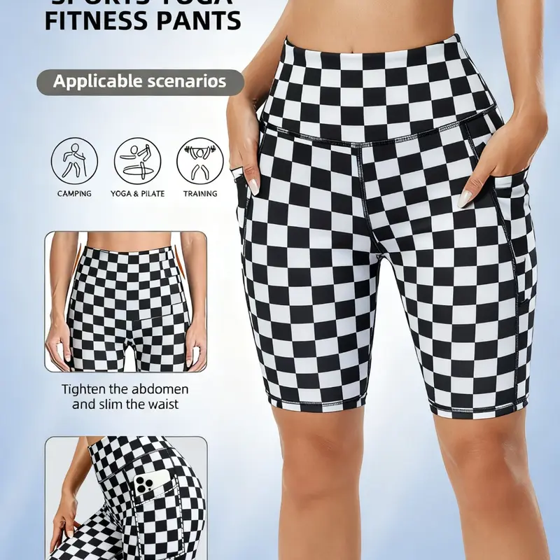 Women's Plaid Print Tight-Fitting, Two Pockets, Casual Summer Wear, Comfortable and Stylish, Stretchy Shorts