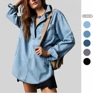 Imily Bela Women's Denim Pullover Casual Notch V Neck Blouse Long Sleeve Jean Jacket with Pocket