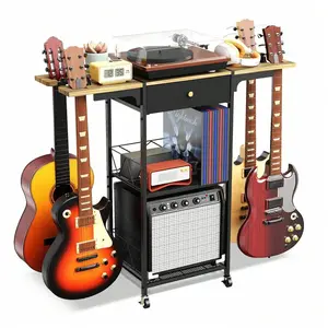 Rectangle Black Metal Guitar Organizer Rack - 4-Slot 2-Layer Stainless Steel Storage Holder, Durable Construction, Smooth Wheels, Portable Easy-Move Design for Modern Music Spaces