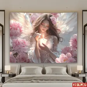 2D Flat 2D Flat Banner 2D Plane 1pc Large Angel Woman Wall Tapestry - Pink Wings with White-haired Peony Elegant Featherless Angel Background Suitable for Weddings Birthdays Parties - Self-adhesive Decoration No Electricity Needed / Outdoor