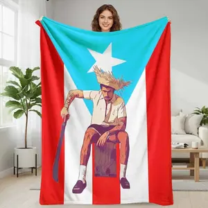 Pop Singer Puerto Rico Flag Flannel Blanket Folk Art Farmer Illustration Tropical Rustic Style Soft Warm Cozy Throw for Sofa Bedroom Travel Picnic Beach Decor Gift