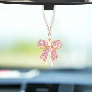 Rhinestone Decor Bowknot Design Car Hanging Ornament, Car Rearview Mirror Hanging Decoration, Car Interior Decoration Accessories for Women & Girls, Car Accessory