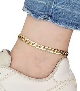 BA Unique Fashion 18K Gold Electroplated Concave Cuban Chain Ankle Bracelet - Petite Size to Plus Size- Made in Korea