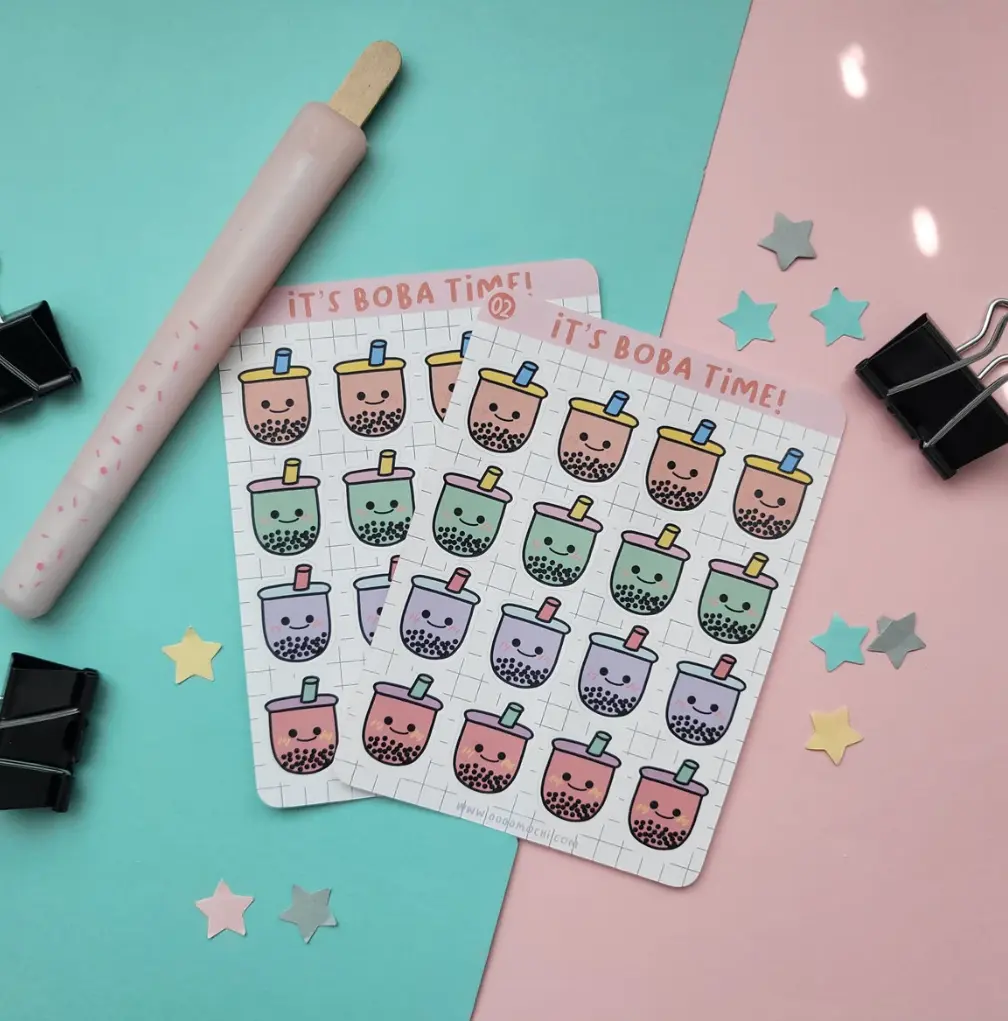 It's Boba Time Planner Stickers | Boba Stickers for Journals, Notebooks, Planners | Cute Bubble Tea Stickers