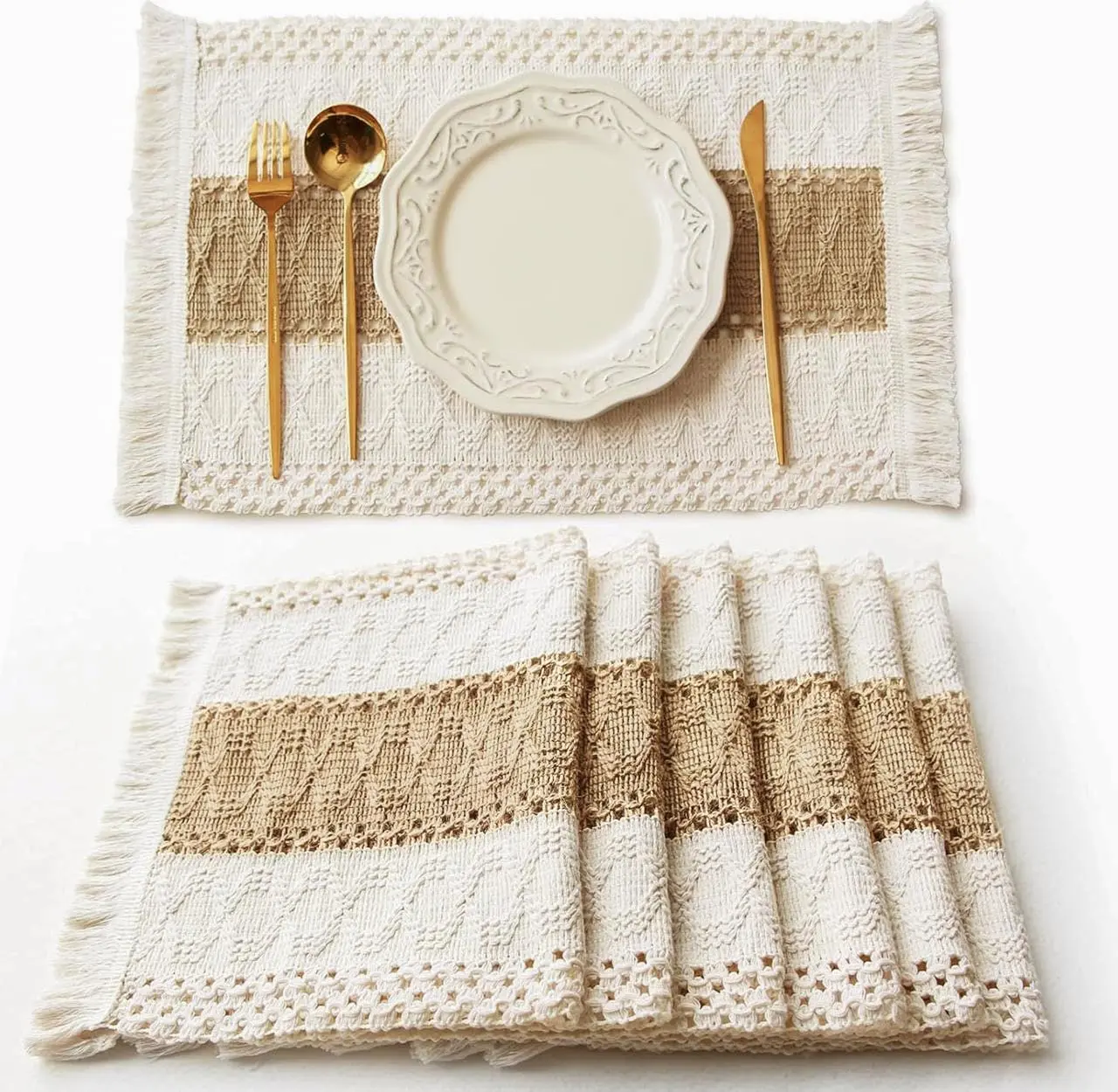 6-Piece Boho Square Macrame Placemat Set, Handmade Natural Cotton-Burlap Woven Tableware with Tassels, Farmhouse Dining Table Decor for Weddings, Summer Parties