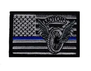 Police Law Enforcement Motorcycle Trooper Thin Blue Line USA Flag Patch (3.0 X 2.0 -Hook Fastener)