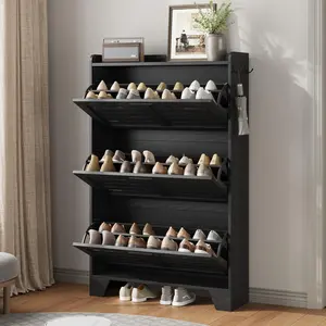 Garvee Shoe Cabinet Storage for Entryway, Narrow Shoe Cabinet with 2 Flip Drawers, Freestanding Hidden Slim Shoe Organizer Cabinet with Hooks for Foyer, Hallway, Garage, Black
