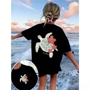 Sea Turtle Hibiscus Graphic Tee Women Oversized ShortSleeve Beachy Summer Vacation Shirt Casual Loose FitSoft Cotton Crewneck Top