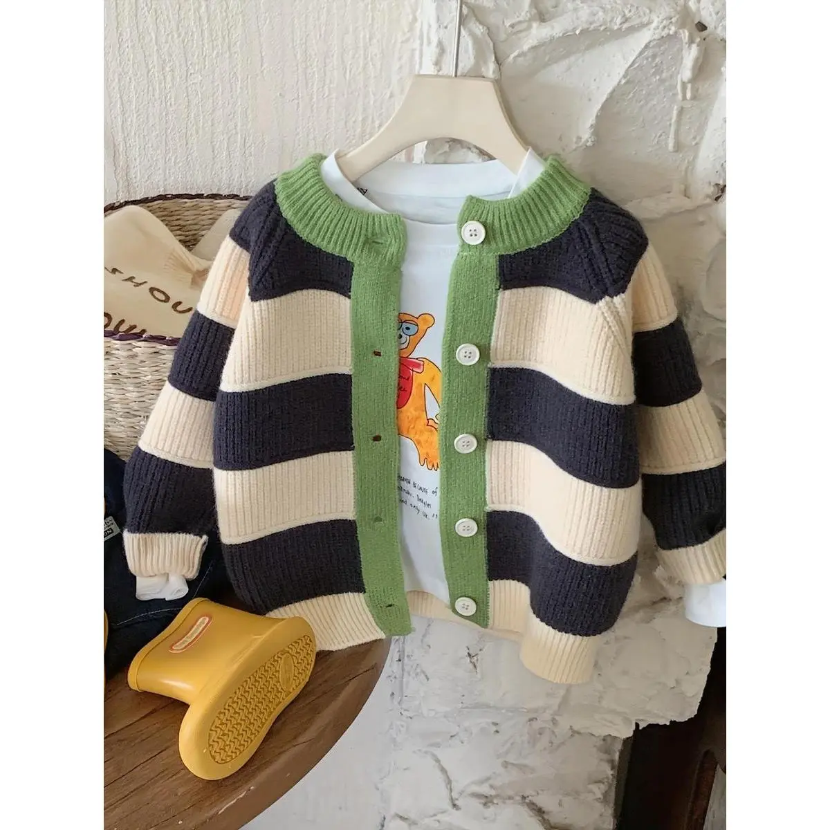 Kids' Boys' Cardigan Sweater, Colorblock Animal Graphic with Striped Sleeves, Button-Up for Spring and Fall, Child-Size Boys' Cardigans