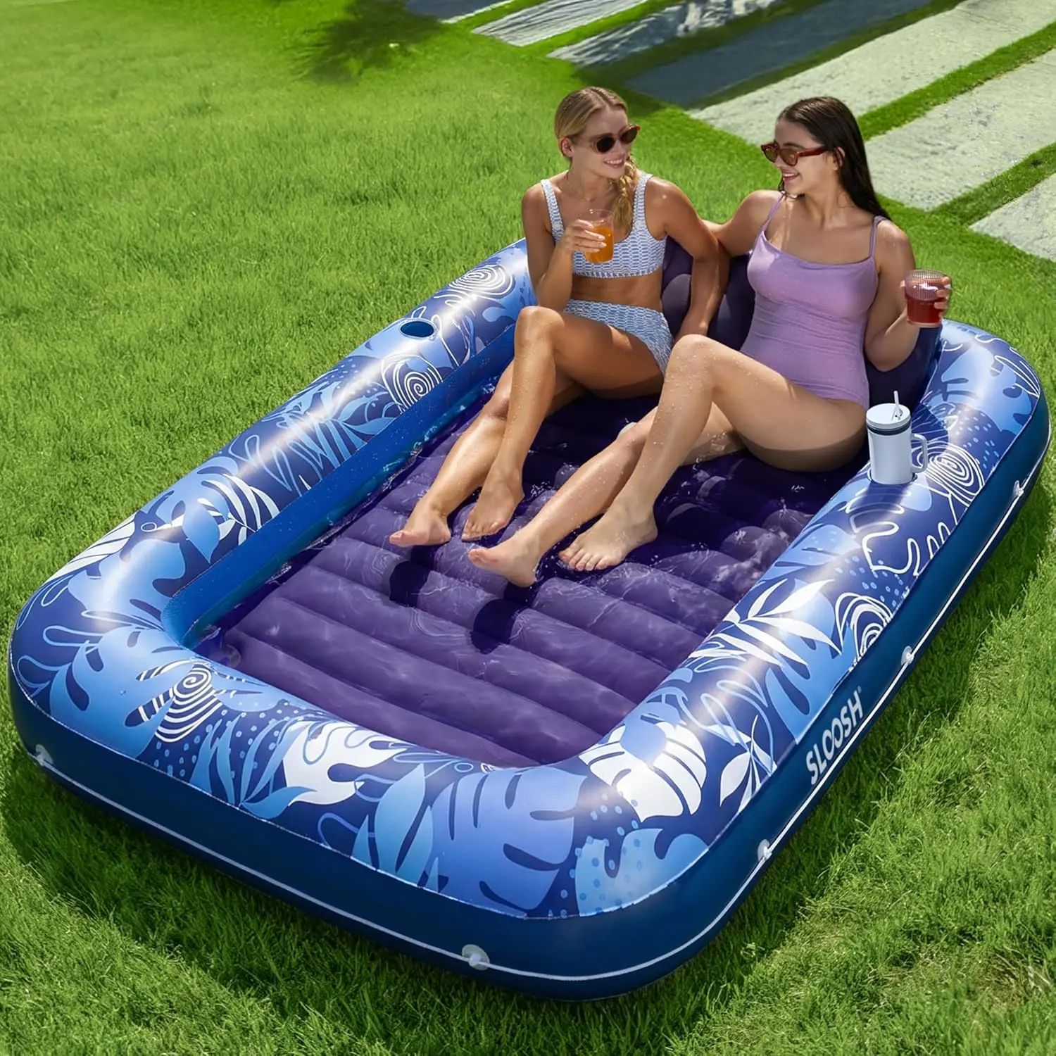 85"x57" Extra Large Inflatable Tanning Pool Lounger Float with Pillow - 4-in-1 Pool Sofa Float, Sunbathing Bed for Adult Water Use, XL Dark Blue Blow Up Raft
