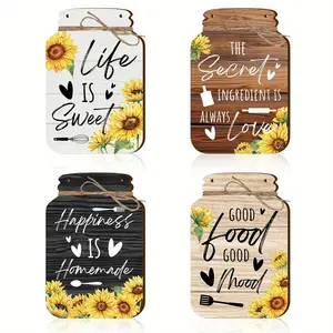 Thanksgiving Wooden Mason Jar Wall Decor, 4 Counts/set Sunflower Pattern Wall Hanging Sign, Wall Decor for Living Room Bedroom Farmhouse