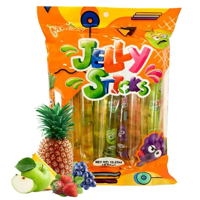 Apexy Jelly Straws, Fruit Jelly Filled Strips, Tiktok Candy Trend Items, Assorted Fruit Jelly Sticks, 15.23oz (432g) Snack Sweet Flavored Soft Grapes Strawberry Bonbon