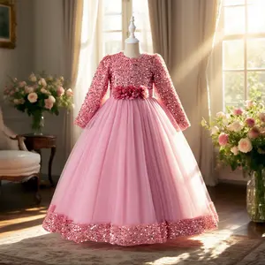 079 Children's dress girl's Christmas princess dress gold sequin dress girl's dress fluffy tulle fashion flower girl wedding dress girl host piano performance costume