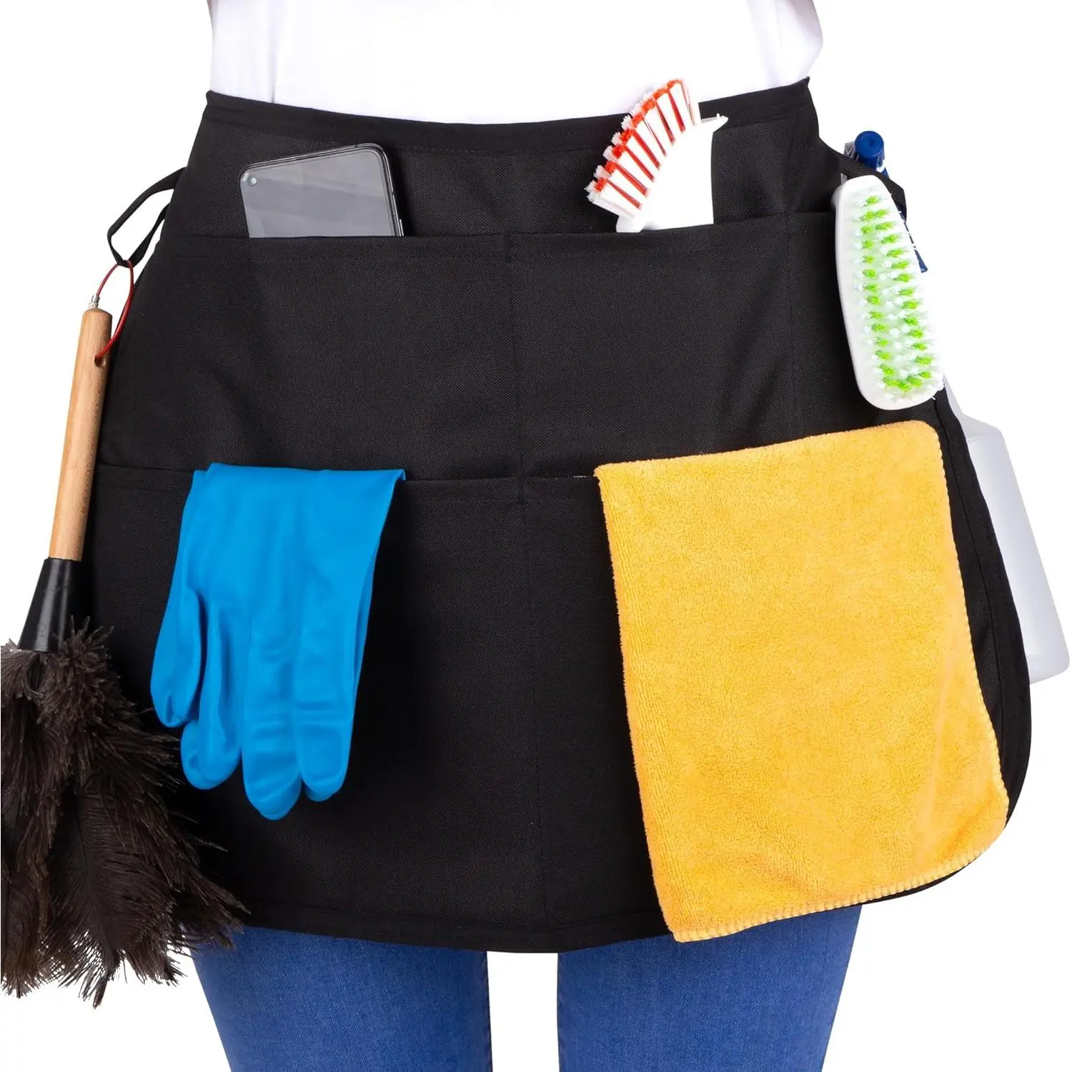 Professional 5-Pocket Work Apron - Adjustable Strap Synthetic Reusable Waterproof Pocketed Apron, Waist-Mounted Tool Organizer for Pro Cleaners (Holds Cloths), Pocketed Aprons