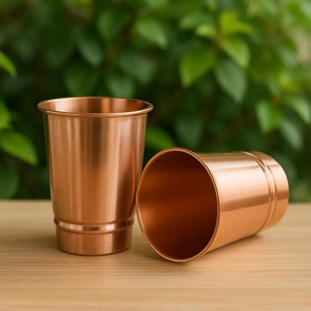 Copper Drinking Cups Ayurvedic Pure Copper Tumblers 2 pcs Set 400ml Traveller's Copper Cups Hygienic Hydrating Cups for Home and Restaurants Drinkware Lemon Metal