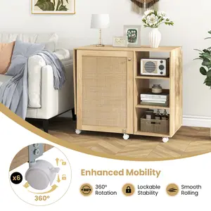 COSTWAY - Multipurpose Folding Sewing Table Craft Station with Rattan Door-Natural