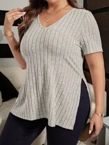 Elegant Casual Ribbed V-Neck Split Hem T-Shirt for Women, Plus Size Spring Summer Plain Fitted Top, Versatile and Comfortable