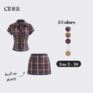 Cider Cotton Plaid Collar Short Sleeve Blouse & Mid Rise Lace Trim Bowknot Mini Skirt Set