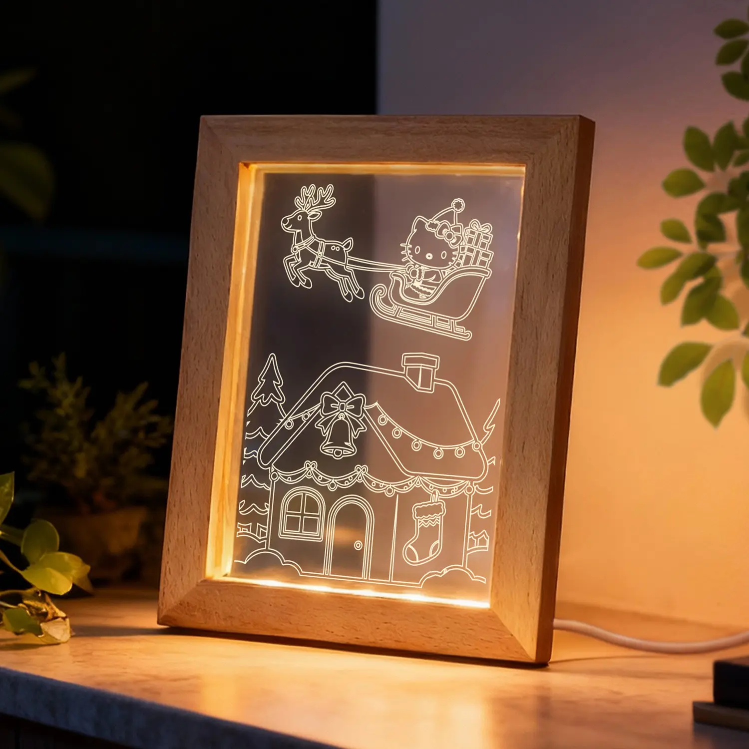 Hello Kitty Christmas Wooden Lighted Frame - Reindeer Sleigh Theme, Night Light Bedroom, Cozy Glow Home Decor, Holiday Gift