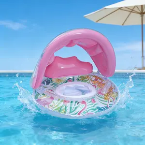 Inflatable Flamingo Pool Float with Removable Canopy, Tropical Floral & Flamingo Print, Glitter Sequins, Safety Handles, Pool & Beach, Inflatable Pool Floaters