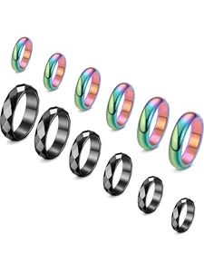 12Pcs Hematite Rings Absorbs Negative Energy Anxiety Balance Root Chakra Black Colorful Hematite Basic Fashion Ring Band Polished Wedding Band Anxiety Relief Jewelry Gifts for Women Men Beautiful Rings(6 Mixed Size)