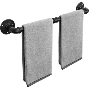 Livabber Industrial Pipe Towel Bar, Rustic Iron Decor Bathroom Hardware Towel Holder Accessory, Heavy Duty Wall Mounted Bath Towel Rack, Black (18 Inch)