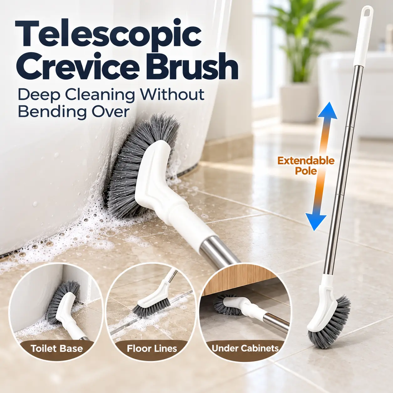 Multifunctional Telescopic Long Handle Floor Cleaning Brush, Adjustable Pole Length Corner Scrubber, Dense Nylon Bristles, Floor Scrub Brush for Bathroom Tile, Grout, Shower Corner