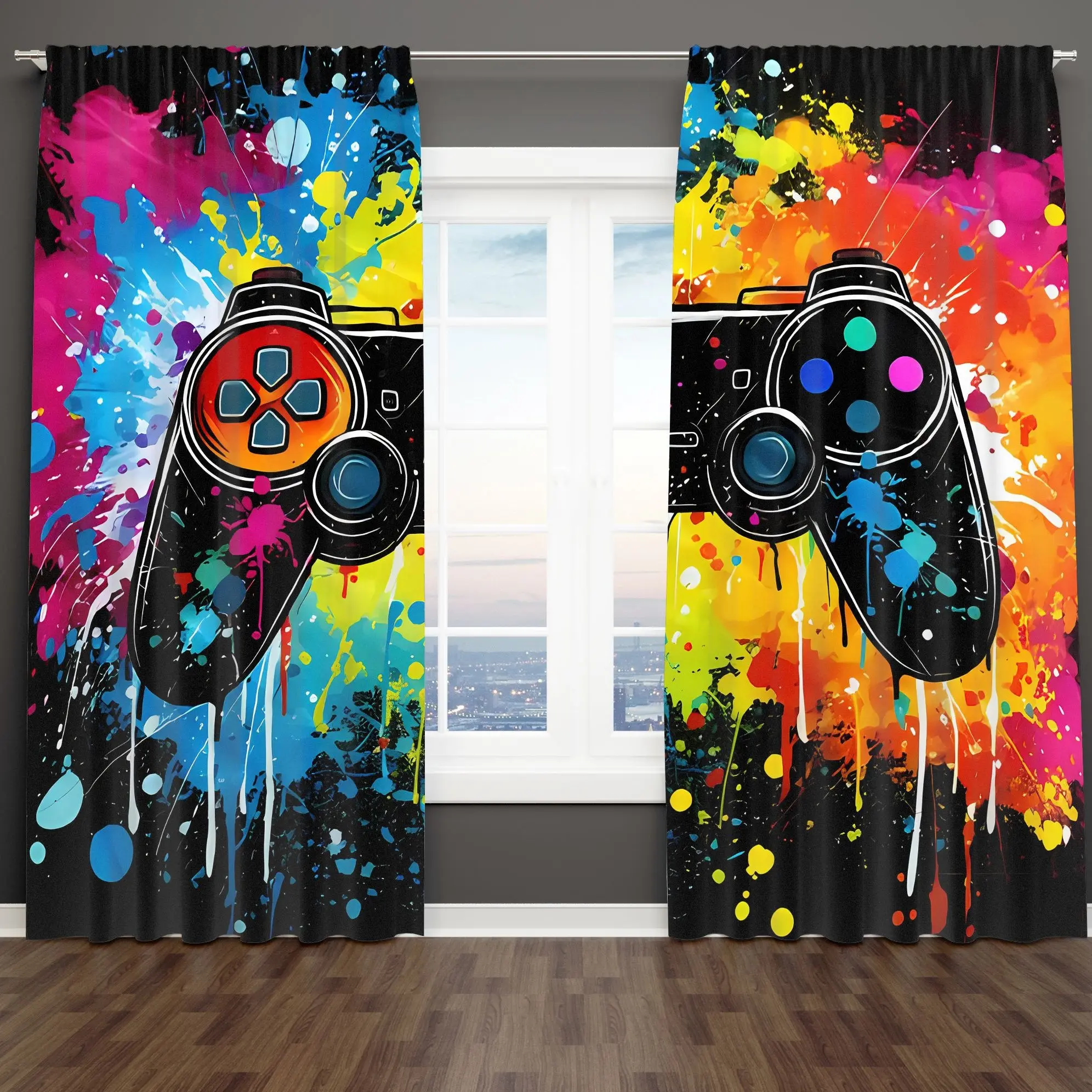 2Pcs Vibrant Graffiti Style Black Video Game Controller Curtains - Paint Splatter Street Aesthetic Window Drapes for Gaming Room, Bedroom, Living Room Decor - Colorful  Window Treatment Gift for Gamers