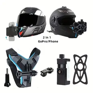 Motorcycle helmet chin mount for mobile phones and shoulder strap mount with POV viewing angle, compatible with Hero 9-6 cameras, Action camera, Photography camera accessories, durable design, suitable for hands-free shooting, motorcycle accessorie