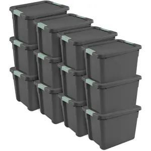 Sterilite 12Pk Latch Tote, Stackable Plastic Storage Container, 12Gal,Gray/Green