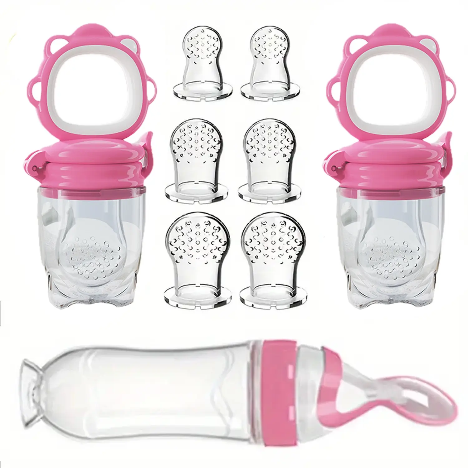 Baby Feeding Set Includes Silicone Bottle with Rice Spoon, 2 Fruit Veggie Feeders, 6 Nipples in 3 Sizes, Complete Baby Feeding Kit, Silicone Utensil, Silicone Feeding Utensils