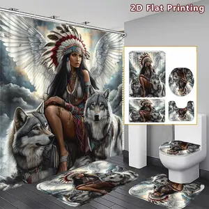 4PCS Winged Native American Shower Curtain set, Detailed Native Inspired with Wolves Bathroom Decor, Accessories with Bath Mat, U-shaped Mat, Toilet Lid Cover, 12 Hooks 180x180cm Curtain, Tribal Fantasy, Home Decor, bathroom accessories