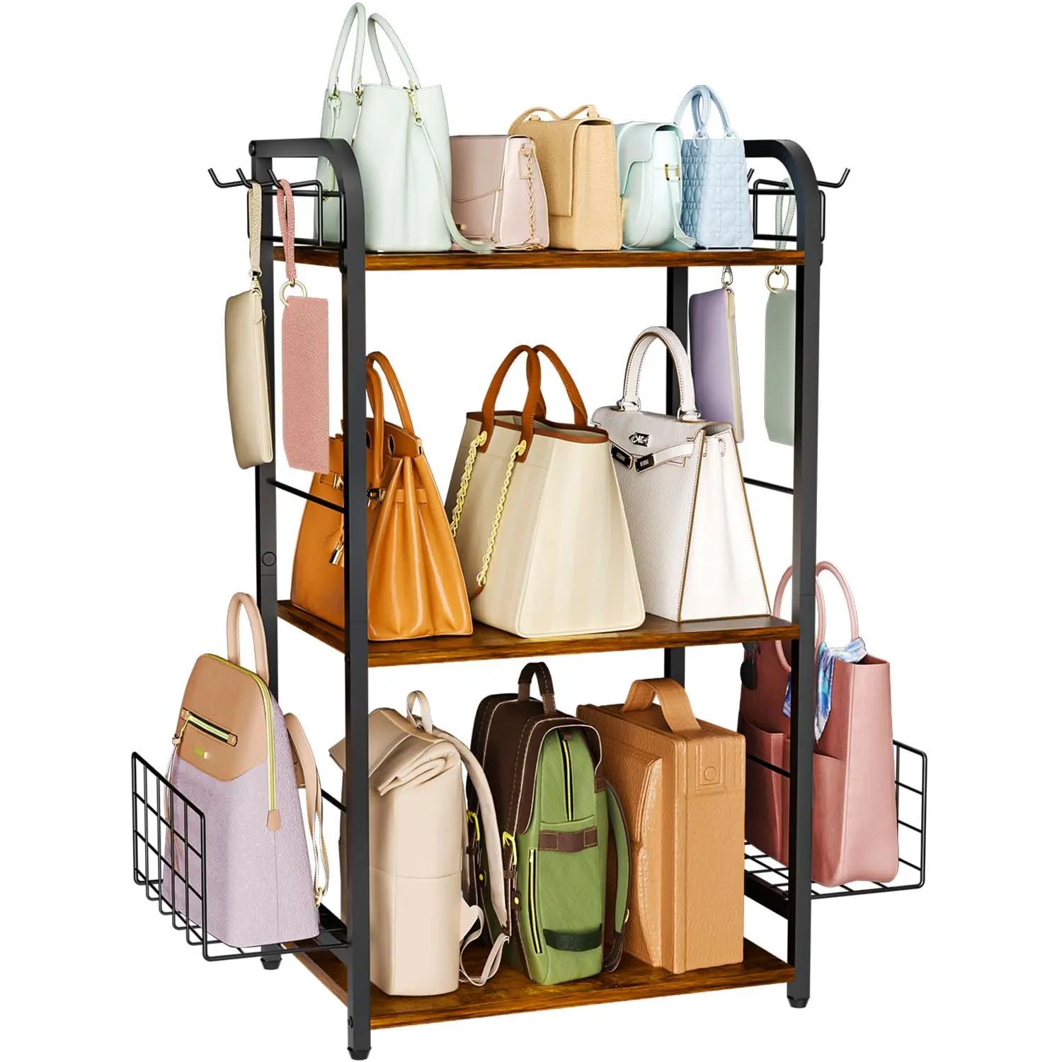 Floor-Standing 3-Tier Iron and Wood Purse Rack with Side Hooks, Baskets, Adjustable ft, High-Capacity Closet Organizer, Patent Pending Purse Holder for Home Storage