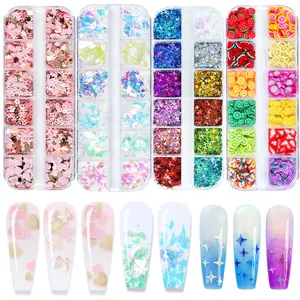 A Set of 4/2 Boxes Holographic Nail Glitter Mixed Butterfly Heart Star Sequins Iridescent Flakes Fruit Nail Slice for Nail Art Decorations Supplies,New Year Gifts,DIY Hand Tools Kits
