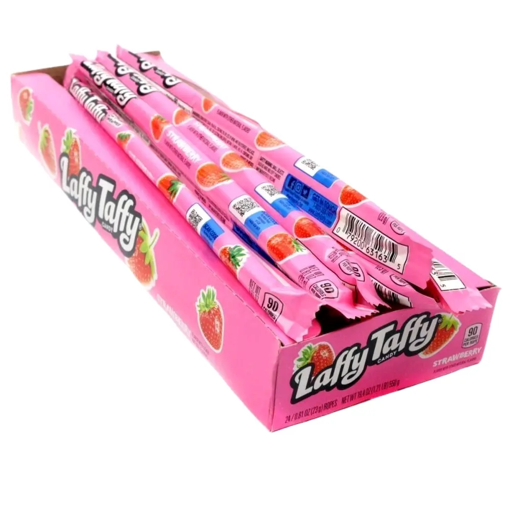 Laffy Taffy Strawberry Fruit Candy Ropes - Edible Taffy Candies, Low Sodium Sweet Treat, Corn & Sugar Made, 24-Count US-Made Box, 12-Month Cupboard Storage, Party & Novelty Snacks, Flavor