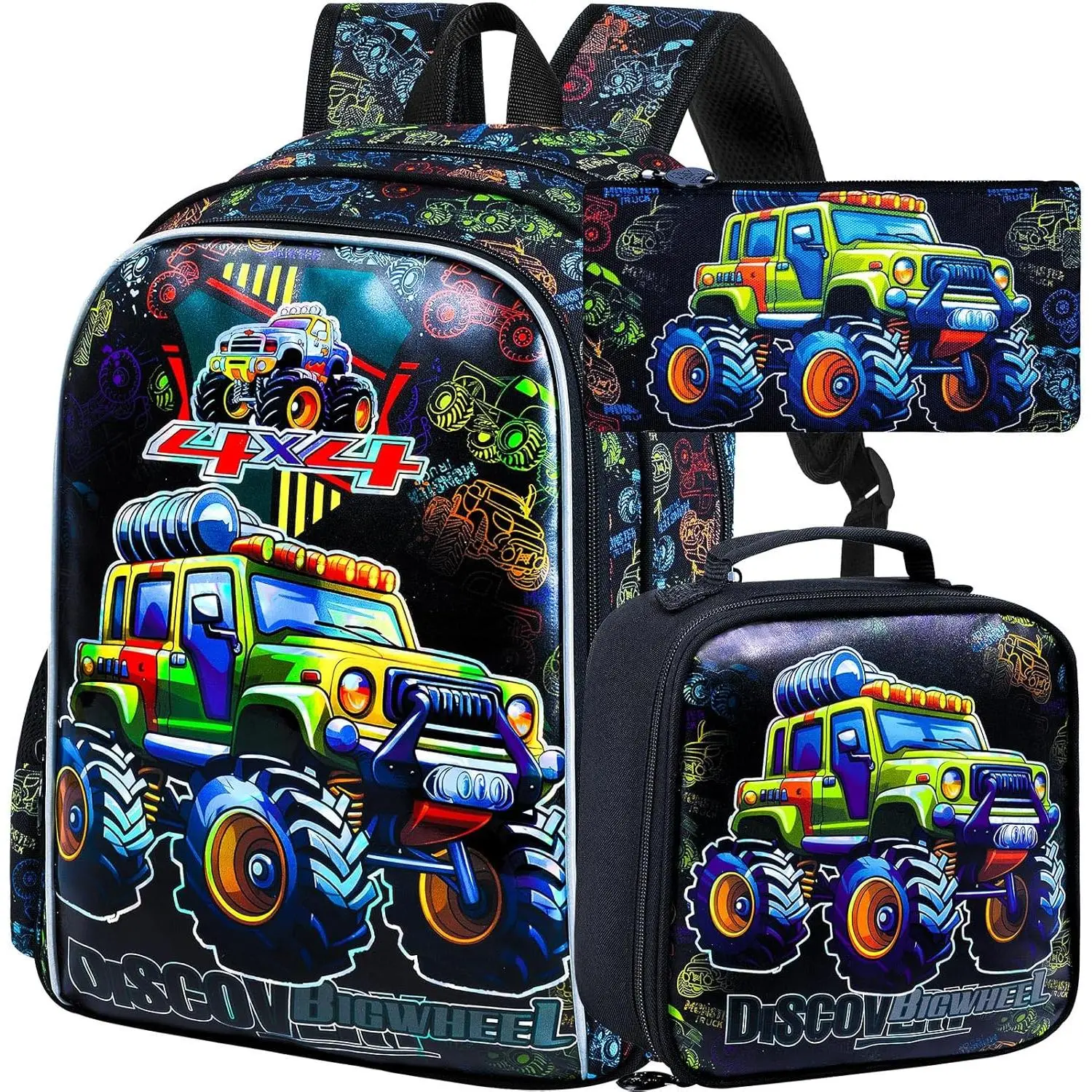 X-CBP39  3PCS Kids Backpack for Boys, Trucks Bookbag with Lunch Box for Kids 6-8 Preschool Kindergarten Elementary
