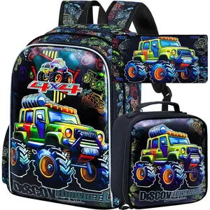 X-CBP39  3PCS Kids Backpack for Boys, Trucks Bookbag with Lunch Box for Kids 6-8 Preschool Kindergarten Elementary