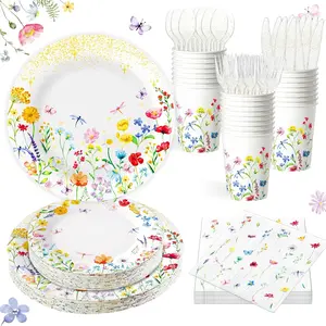175 PCS Wildflower Spring Party Decorations include Paper Plates Cups and Napkins, Plastic Knives Forks Spoons Set, Disposable Cutlery Dinnerware Tableware Serve 25 Table Decor for Bday Dinner