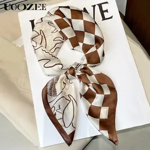 UOOZEE Checkered Scarf - Square Plaid Sun-Protective Shawl, Modern Luxury Brown Accessory for Weddings