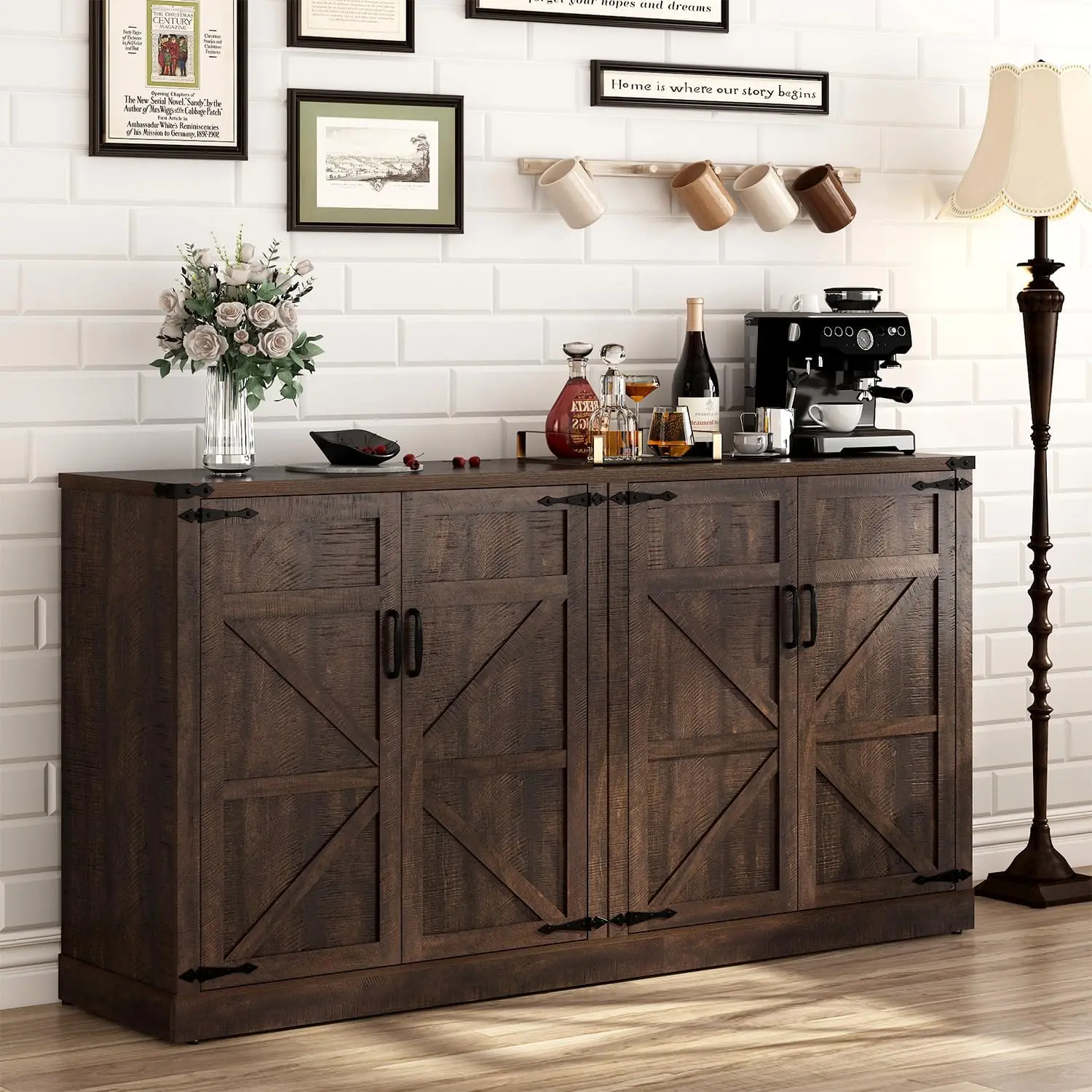 65" Rustic French Country Wood Sideboard Buffet Cabinet - Sturdy Indoor Cupboard with 4 Doors, Adjustable Shelves, Snacks & Plates Storage for Kitchen, Coffee Bar Room Storage Organization