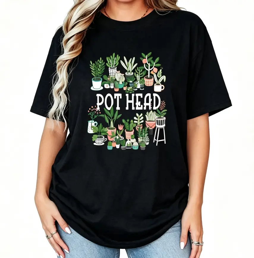 Crew Neck Graphic Tee with Humorous "Pot Head" Succulent Design for Plant Lovers, Lightweight Everyday Gardening Theme, Shortsleeve, Top, Casual, Unisex, Breathable, Round Neck, Comfortable, Funny, Plants, Fit, Relaxed Fit