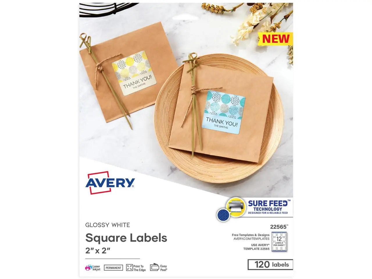 Avery Printable Blank Square Labels, 2" x 2", Glossy White, 120 Customizable Labels (22565)