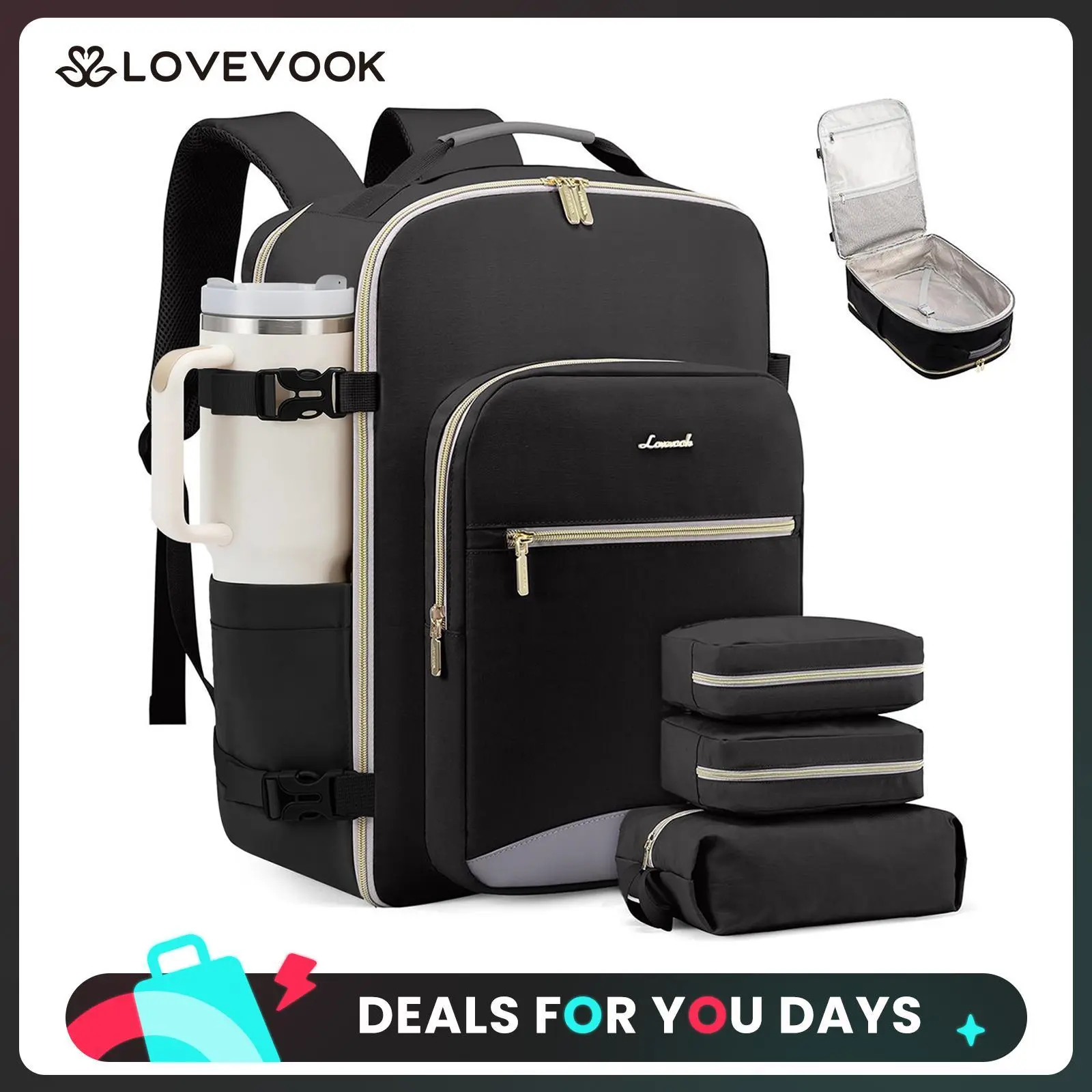 LOVEVOOK TSA-Friendly Carry-On Travel Backpack with 3 Packing Cubes and Laptop Compartment-Personal Item, Airline Approved Travel Bag for Hiking, Travel Essentials, Overnight and Weekend Trips. TikTokShopBackToSchool