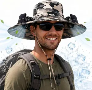 This wide-brimmed fishing hat—an ideal outdoor companion—features two built-in fans. Lightweight, breathable, and adjustable, it is an essential accessory for your travels and outdoor activities，fan hat Sunhat